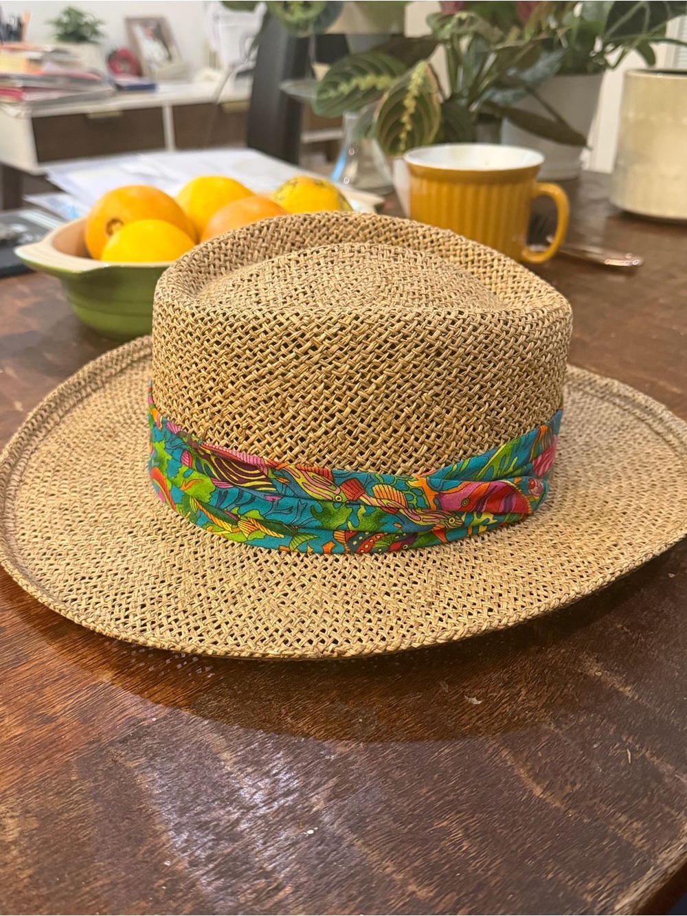 Summer Club Australian Styled Straw Panama Hat Colorful Green Blue Fabric Band L